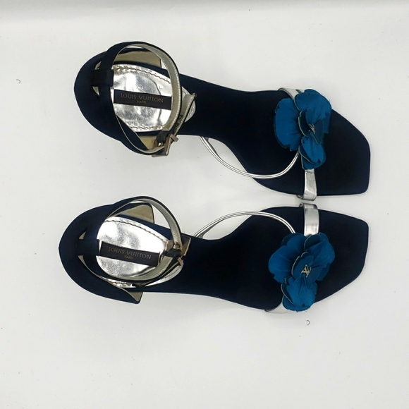 LOUIS VUITTON SIZE 39 OR US 9 COLOR BLACK SATIN SILVER LEATHER AQUA BLUE USED 2X - Picture 8 of 14